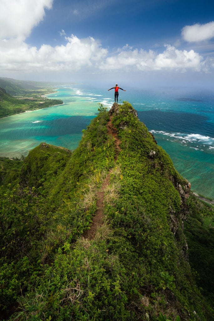 a man standing on top of a lush green hillside.